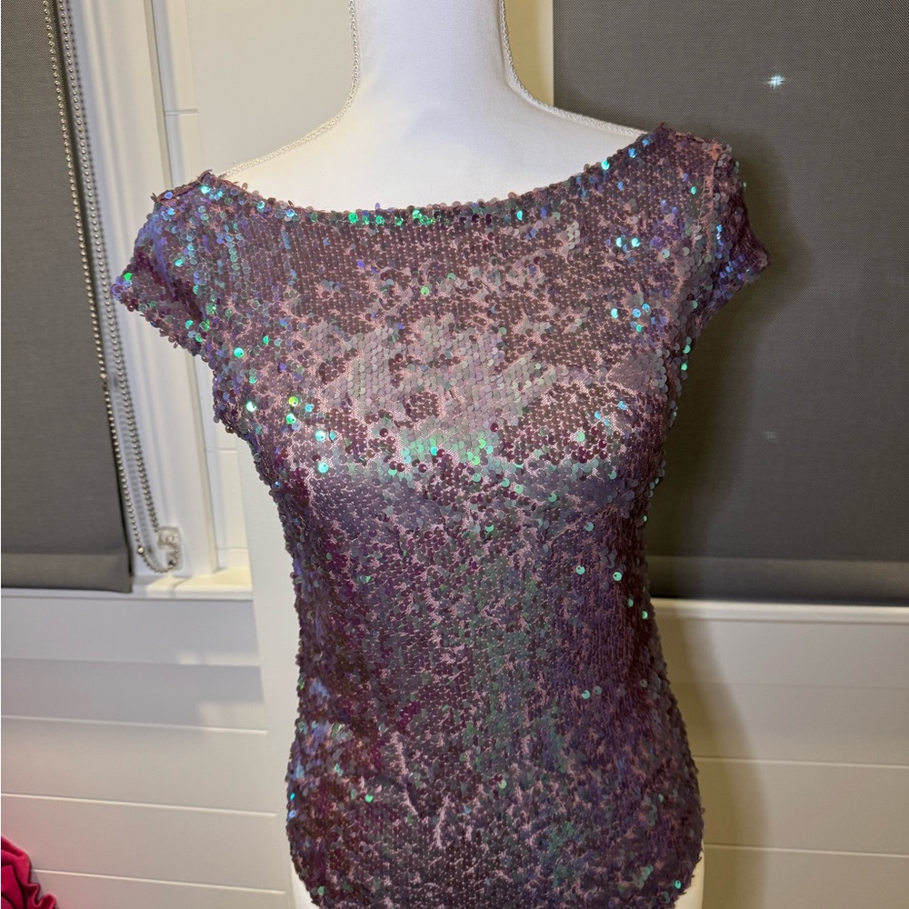 Free People Purple Sequin Short Sleeve Top